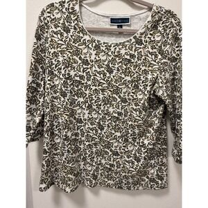 Karen Scott‎ White Brown Yellow Floral 3/4 Sleeve Blouse Top Casual Size PL